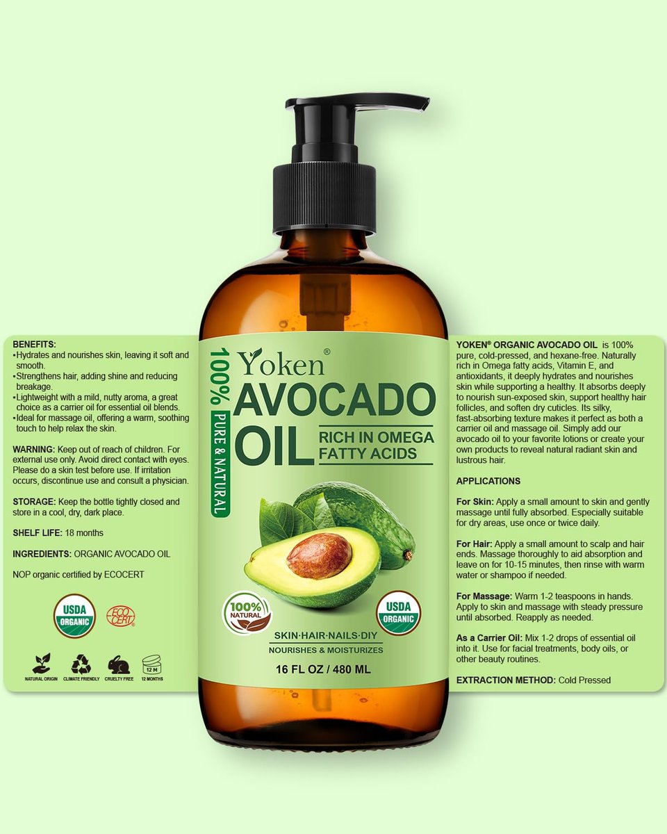 Organic Avocado Oil Cold Pressed 16oz Glass Bottle - Moisturizing Unscented Body Oil for Dry Scalp, Hair & Skin Hydrating, Non Greasy Carrier Oil for Essential Oils Mixing Avelisse