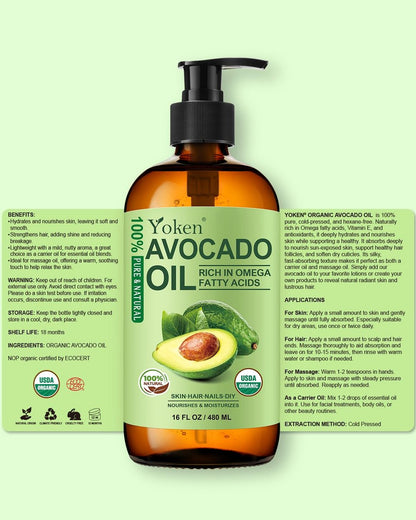 Organic Avocado Oil Cold Pressed 16oz Glass Bottle - Moisturizing Unscented Body Oil for Dry Scalp, Hair & Skin Hydrating, Non Greasy Carrier Oil for Essential Oils Mixing Avelisse