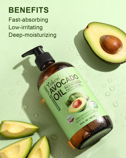Organic Avocado Oil Cold Pressed 16oz Glass Bottle - Moisturizing Unscented Body Oil for Dry Scalp, Hair & Skin Hydrating, Non Greasy Carrier Oil for Essential Oils Mixing Avelisse