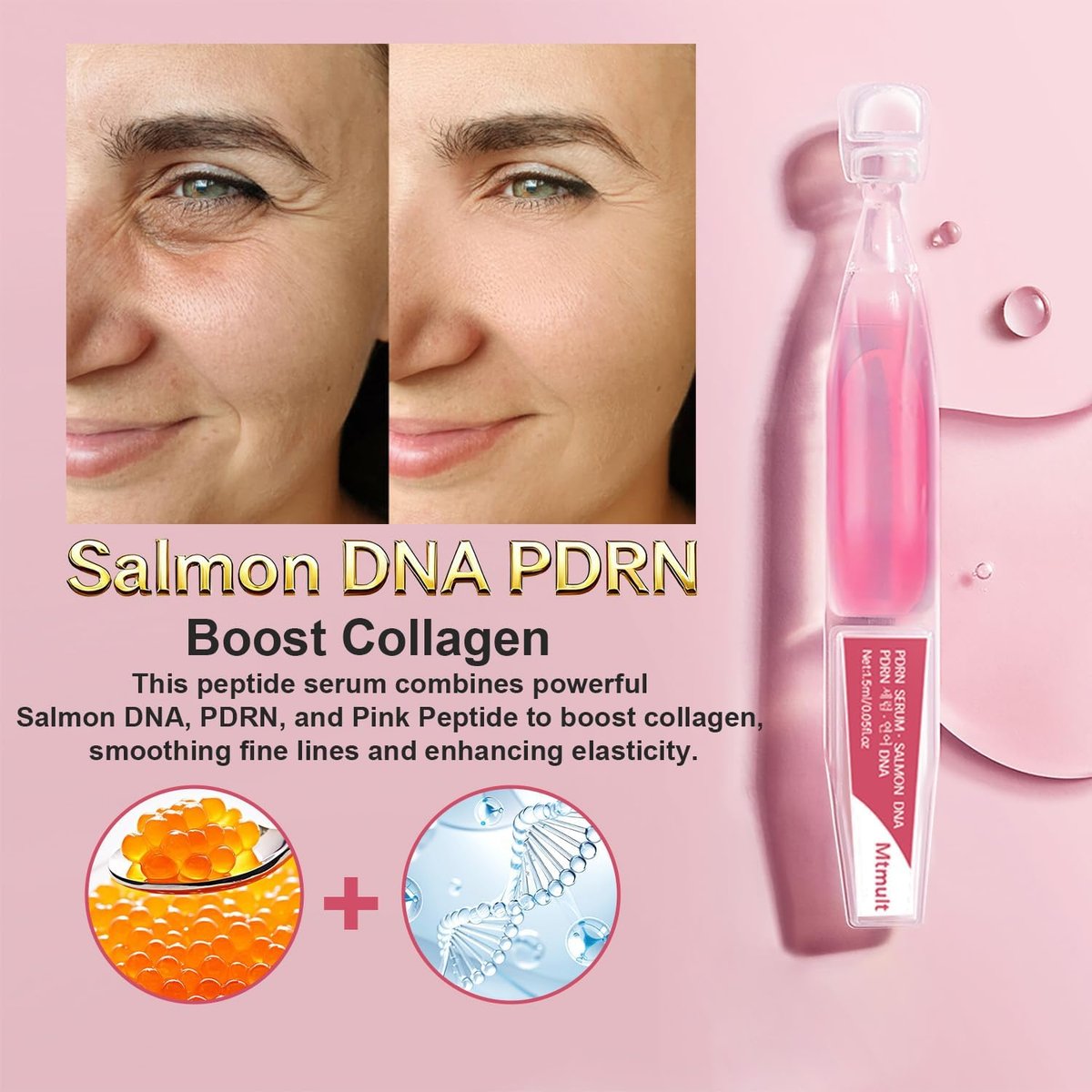 Mtmult Salmon DNA PDRN Serum - Anti-Aging Ampoule with 99% Salmon DNA PDRN, Collagen & Hyaluronic Acid, 0.05 fl.oz x 30 Pack, Firming & Moisturizing Avelisse