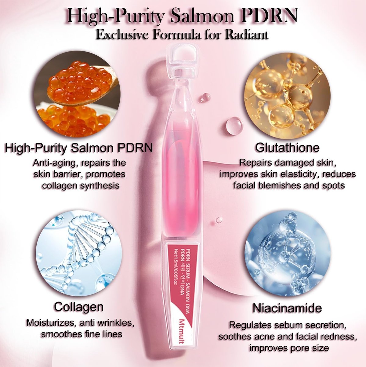 Mtmult Salmon DNA PDRN Serum - Anti-Aging Ampoule with 99% Salmon DNA PDRN, Collagen & Hyaluronic Acid, 0.05 fl.oz x 30 Pack, Firming & Moisturizing Avelisse