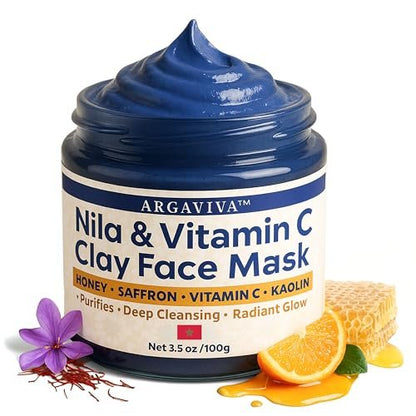 Argaviva Nila & Vitamin C Brightening Facial Mask - Pore Refining Clay Mask with Honey & White Clay for Even Tone & Glow, 3.5 oz Avelisse