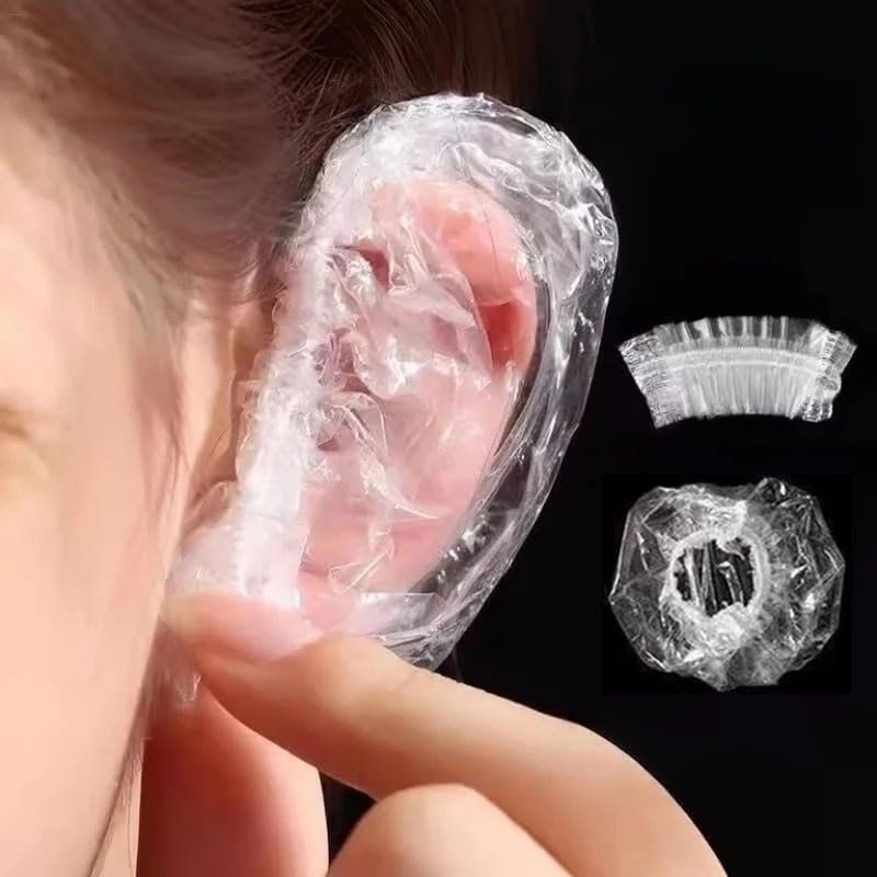 400 Pack Disposable Waterproof Ear Covers - Clear Plastic Little Shower Caps for Hair Dye, Shower, Swimming, Salon, Bathing, Travel, Daily Use - görsel 1