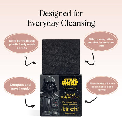 Kitsch Charcoal Soap Body Wash Bar x Star Wars Darth – Detoxifying Bar Soap with Activated Charcoal – Gently Removes Excess Oil & Impurities, Clears Pores, Firms & Moisturizes Skin – Made in USA – 4 oz