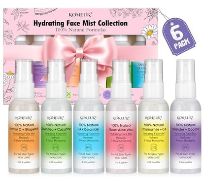 KONEUK Skincare Refreshing Face Mist Kit – Long-Lasting Hydration & Soothing Facial Spray for Glowing Skin, 6-Pack Travel Size (2.02 fl oz each)