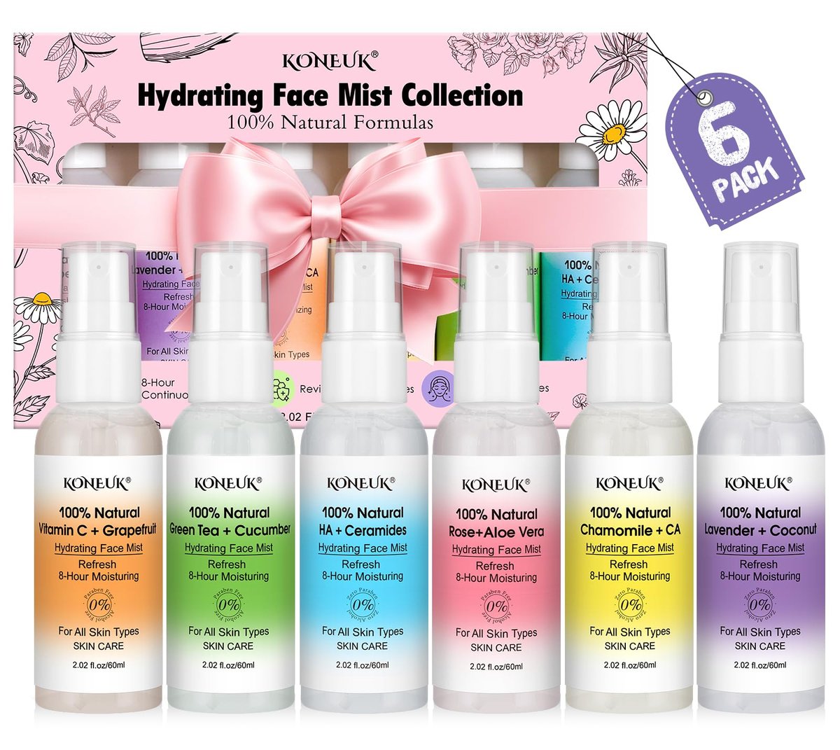 KONEUK Skincare Refreshing Face Mist Kit – Long-Lasting Hydration & Soothing Facial Spray for Glowing Skin, 6-Pack Travel Size (2.02 fl oz each) - görsel 1