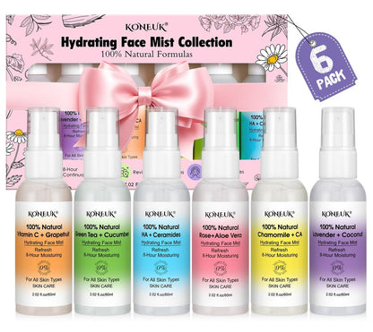 KONEUK Skincare Refreshing Face Mist Kit – Long-Lasting Hydration & Soothing Facial Spray for Glowing Skin, 6-Pack Travel Size (2.02 fl oz each)