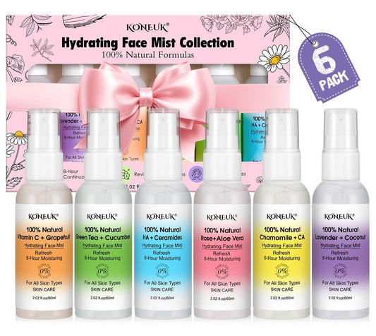 KONEUK Skincare Refreshing Face Mist Kit – Long-Lasting Hydration & Soothing Facial Spray for Glowing Skin, 6-Pack Travel Size (2.02 fl oz each)