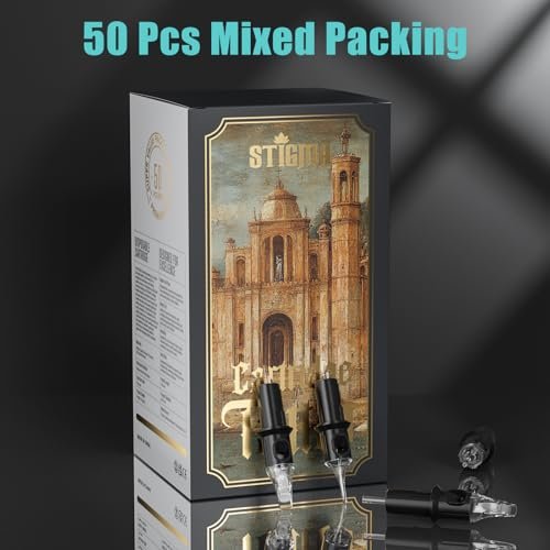 STIGMA Tattoo Needles Assorted Sizes 50 Pcs - 0.35mm Disposable Cartridge Needles Kit (3RL, 5RL, 7RL, 9RL, 5RS, 7RS, 9RS, 7RM, 9RM, 9M1) - EN05X-50KIT-G Avelisse