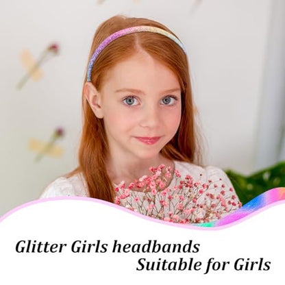 Tihebax 4Pcs Glitter Sequin Headbands for Girls, Kids, Toddlers - Non-Slip Sparkly Rainbow Hairbands for Daily Wear