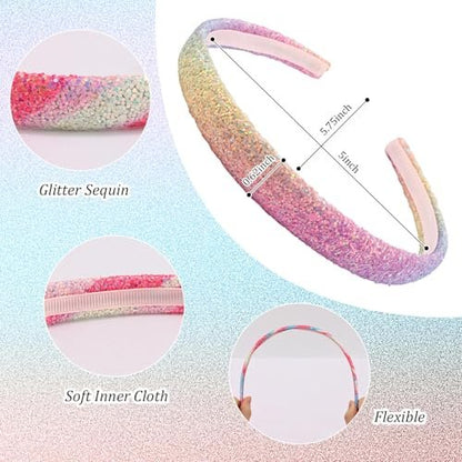 Tihebax 4Pcs Glitter Sequin Headbands for Girls, Kids, Toddlers - Non-Slip Sparkly Rainbow Hairbands for Daily Wear