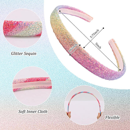 Tihebax 4Pcs Glitter Sequin Headbands for Girls, Kids, Toddlers - Non-Slip Sparkly Rainbow Hairbands for Daily Wear