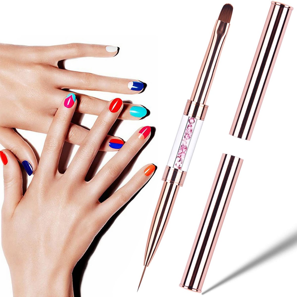 Ycyan Dual-Ended Nail Design Brushes - Rose Gold Rhinestone Handle, Nail Art Liner & UV Gel Polish Brush (1 Pack) - görsel 14