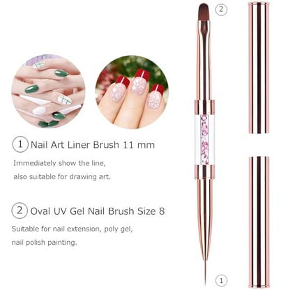 Ycyan Dual-Ended Nail Design Brushes - Rose Gold Rhinestone Handle, Nail Art Liner & UV Gel Polish Brush (1 Pack)