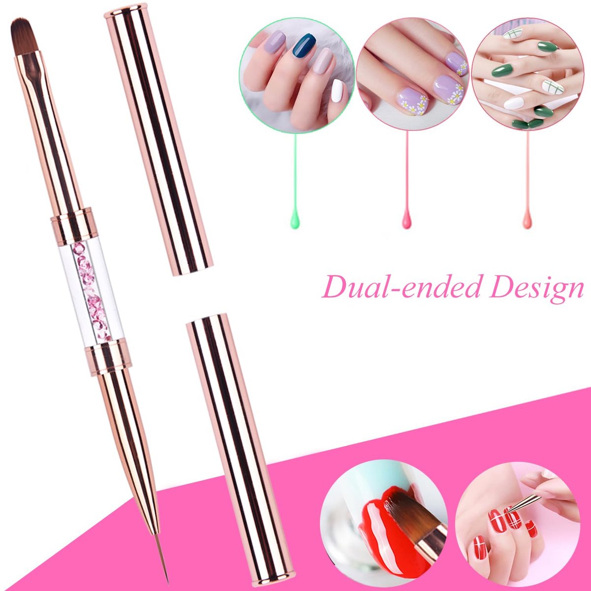 Ycyan Dual-Ended Nail Design Brushes - Rose Gold Rhinestone Handle, Nail Art Liner & UV Gel Polish Brush (1 Pack) - görsel 6