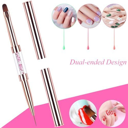 Ycyan Dual-Ended Nail Design Brushes - Rose Gold Rhinestone Handle, Nail Art Liner & UV Gel Polish Brush (1 Pack)