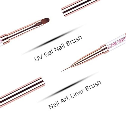 Ycyan Dual-Ended Nail Design Brushes - Rose Gold Rhinestone Handle, Nail Art Liner & UV Gel Polish Brush (1 Pack)