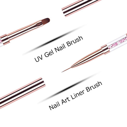 Ycyan Dual-Ended Nail Design Brushes - Rose Gold Rhinestone Handle, Nail Art Liner & UV Gel Polish Brush (1 Pack)