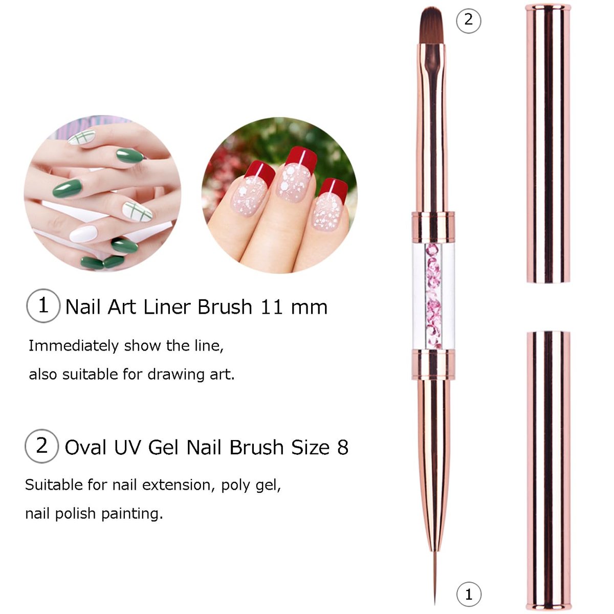 Ycyan Dual-Ended Nail Design Brushes - Rose Gold Rhinestone Handle, Nail Art Liner & UV Gel Polish Brush (1 Pack) - görsel 4