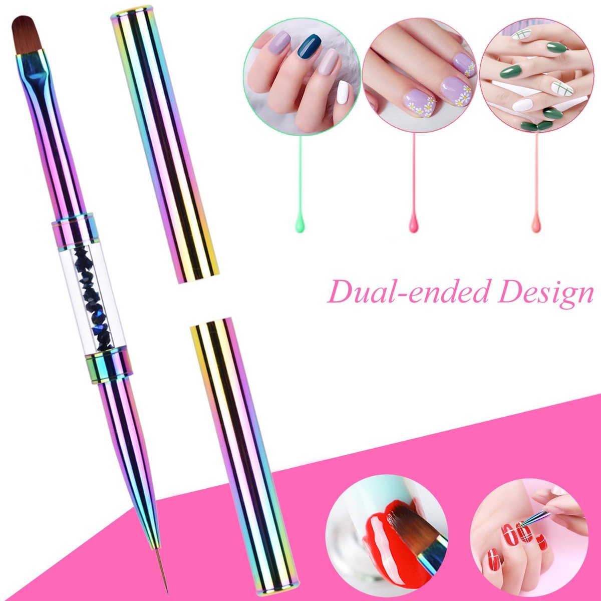 Ycyan Dual-Ended UV Gel Nail Brush with Rhinestone Handle - Rainbow Nail Art Liner & Polygel Brush for Professional & Home Use Avelisse