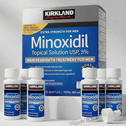 Kirkland Minoxidil for Men Liquid, Extra Strength Hair Regrowth Treatment 5%, 6 Months Supply - Upgraded Dropper Applicator and Bonus Free Guide Included Avelisse