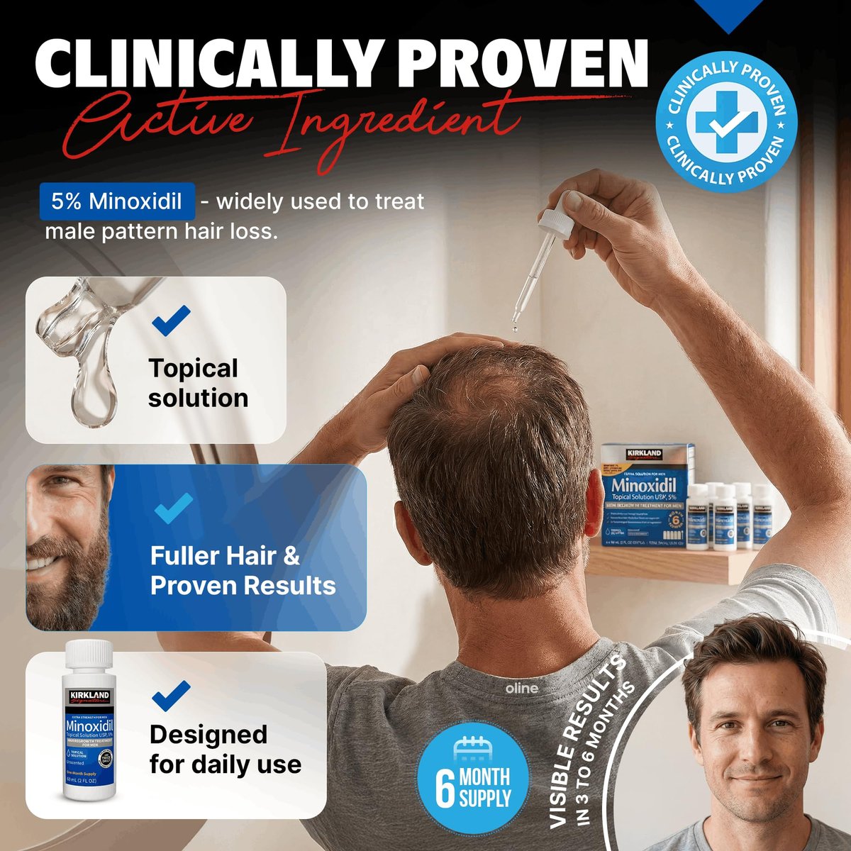Kirkland Minoxidil for Men Liquid, Extra Strength Hair Regrowth Treatment 5%, 6 Months Supply - Upgraded Dropper Applicator and Bonus Free Guide Included Avelisse
