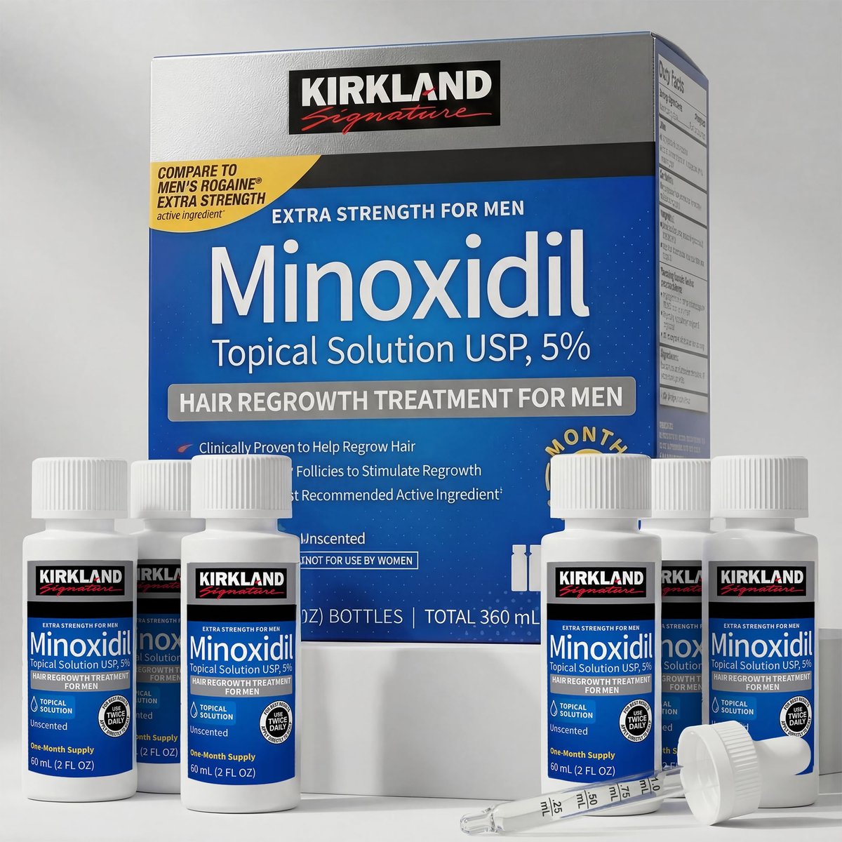 Kirkland Minoxidil Liquid Extra Strength Hair Regrowth Treatment for Men, 5% Topical Solution, 6 Months Supply with Dropper Applicator and Bonus Guide Avelisse