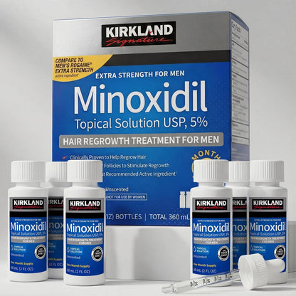 Kirkland Minoxidil Liquid Extra Strength Hair Regrowth Treatment for Men, 5% Topical Solution, 6 Months Supply with Dropper Applicator and Bonus Guide Avelisse