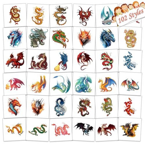 102 PCS Individually Wrapped Dragon Temporary Tattoos for Kids – Cute Dragon Tattoo Stickers for Body, Arm, Shoulder | Birthday Party Supplies & Gifts for Boys and Girls - görsel 2