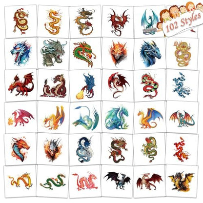 102 PCS Individually Wrapped Dragon Temporary Tattoos for Kids – Cute Dragon Tattoo Stickers for Body, Arm, Shoulder | Birthday Party Supplies & Gifts for Boys and Girls