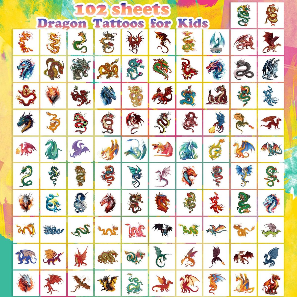102 PCS Individually Wrapped Dragon Temporary Tattoos for Kids – Cute Dragon Tattoo Stickers for Body, Arm, Shoulder | Birthday Party Supplies & Gifts for Boys and Girls - görsel 3