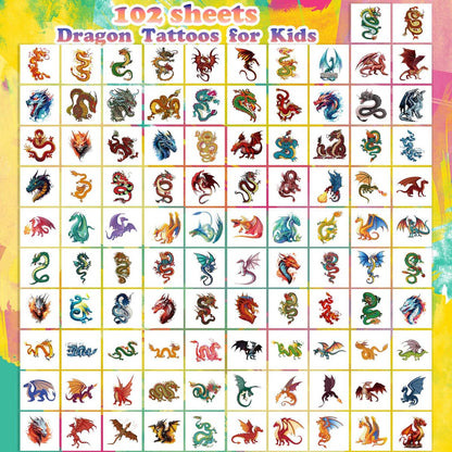 102 PCS Individually Wrapped Dragon Temporary Tattoos for Kids – Cute Dragon Tattoo Stickers for Body, Arm, Shoulder | Birthday Party Supplies & Gifts for Boys and Girls