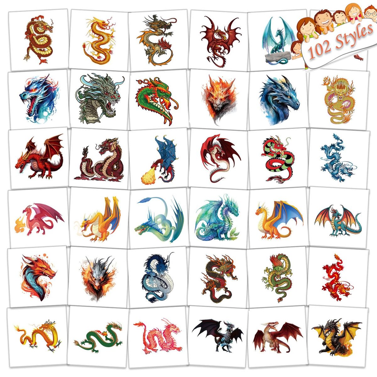 102 PCS Individually Wrapped Dragon Temporary Tattoos for Kids – Cute Dragon Tattoo Stickers for Body, Arm, Shoulder | Birthday Party Supplies & Gifts for Boys and Girls - görsel 1