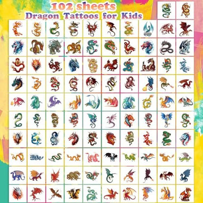 102 PCS Individually Wrapped Dragon Temporary Tattoos for Kids – Cute Dragon Tattoo Stickers for Body, Arm, Shoulder | Birthday Party Supplies & Gifts for Boys and Girls