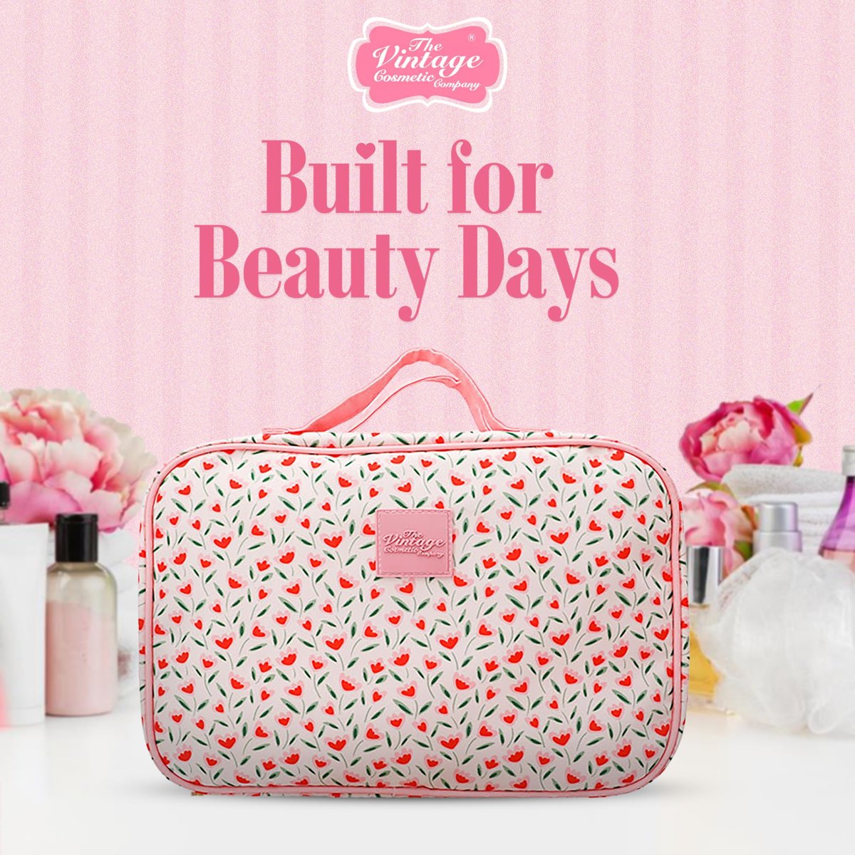 The Vintage Cosmetic Company Tulip Square Carry Bag – Floral Cosmetic Organizer for Makeup, Toiletries & Travel Essentials, Cream Cotton - görsel 15