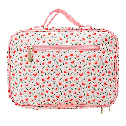 The Vintage Cosmetic Company Tulip Square Carry Bag – Floral Cosmetic Organizer for Makeup, Toiletries & Travel Essentials, Cream Cotton