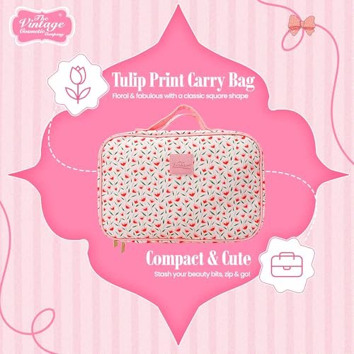 The Vintage Cosmetic Company Tulip Square Carry Bag – Floral Cosmetic Organizer for Makeup, Toiletries & Travel Essentials, Cream Cotton - görsel 8