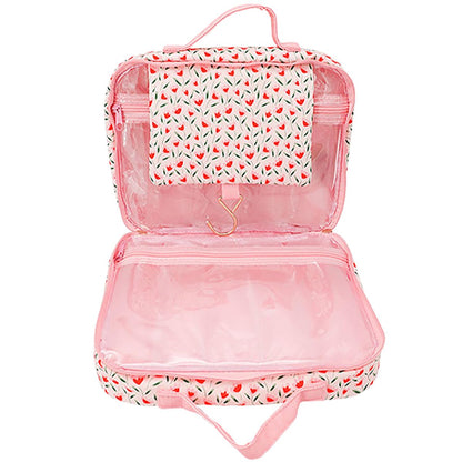 The Vintage Cosmetic Company Tulip Square Carry Bag – Floral Cosmetic Organizer for Makeup, Toiletries & Travel Essentials, Cream Cotton
