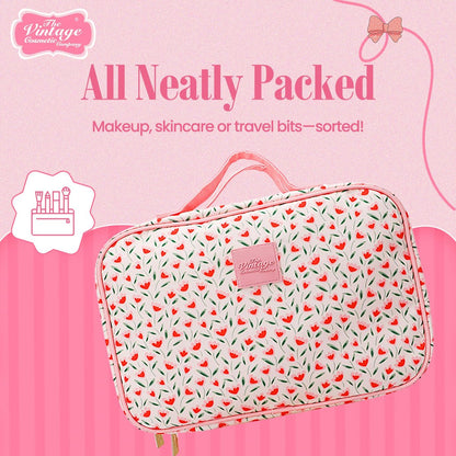 The Vintage Cosmetic Company Tulip Square Carry Bag – Floral Cosmetic Organizer for Makeup, Toiletries & Travel Essentials, Cream Cotton