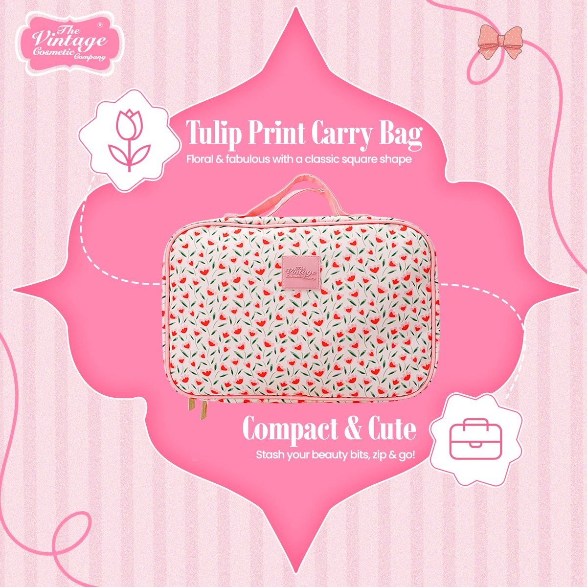 The Vintage Cosmetic Company Tulip Square Carry Bag – Floral Cosmetic Organizer for Makeup, Toiletries & Travel Essentials, Cream Cotton - görsel 7