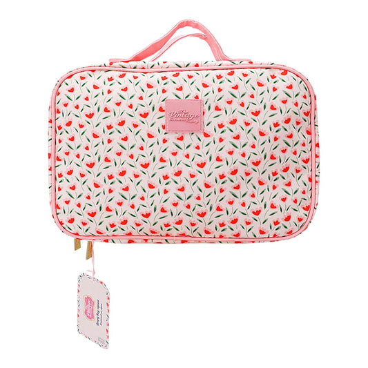 The Vintage Cosmetic Company Tulip Square Carry Bag – Floral Cosmetic Organizer for Makeup, Toiletries & Travel Essentials, Cream Cotton