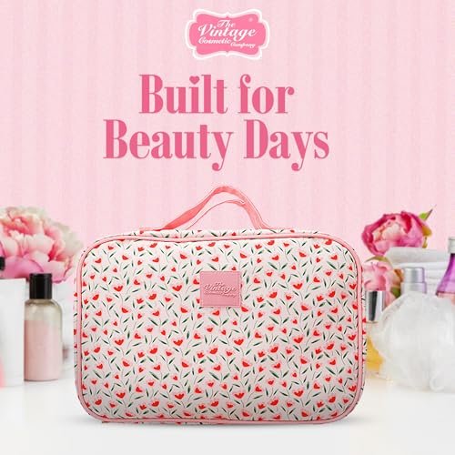The Vintage Cosmetic Company Tulip Square Carry Bag – Floral Cosmetic Organizer for Makeup, Toiletries & Travel Essentials, Cream Cotton - görsel 16