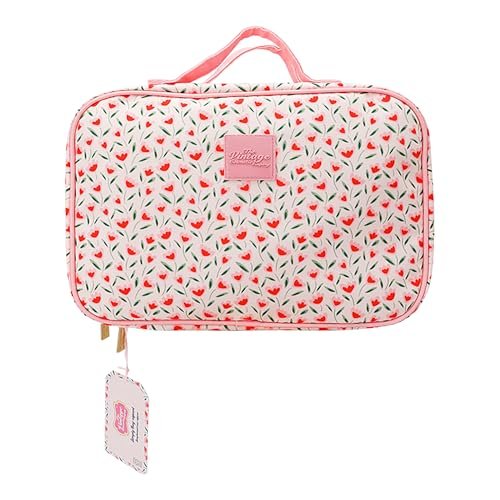 The Vintage Cosmetic Company Tulip Square Carry Bag – Floral Cosmetic Organizer for Makeup, Toiletries & Travel Essentials, Cream Cotton - görsel 2