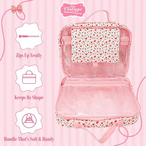 The Vintage Cosmetic Company Tulip Square Carry Bag – Floral Cosmetic Organizer for Makeup, Toiletries & Travel Essentials, Cream Cotton - görsel 12
