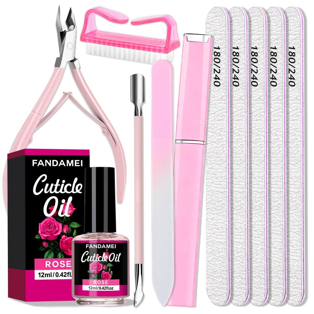 FANDAMEI Manicure Kit for Women - Complete Nail Care Kit with Glass Nail File, 5pcs 180/240 Grit Nail Files, Cuticle Oil, Trimmer, Pusher, Manicure Set, Nail Prep Kit (Pink) Avelisse