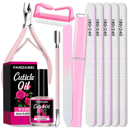 FANDAMEI Manicure Kit for Women - Complete Nail Care Kit with Glass Nail File, 5pcs 180/240 Grit Nail Files, Cuticle Oil, Trimmer, Pusher, Manicure Set, Nail Prep Kit (Pink) Avelisse