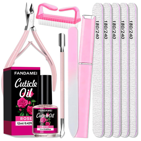 FANDAMEI Manicure Kit for Women - Complete Nail Care Kit with Glass Nail File, 5pcs 180/240 Grit Nail Files, Cuticle Oil, Trimmer, Pusher, Manicure Set, Nail Prep Kit (Pink) Avelisse