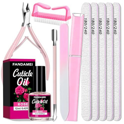 FANDAMEI Manicure Kit for Women - Complete Nail Care Kit with Glass Nail File, 5pcs 180/240 Grit Nail Files, Cuticle Oil, Trimmer, Pusher, Manicure Set, Nail Prep Kit (Pink) Avelisse