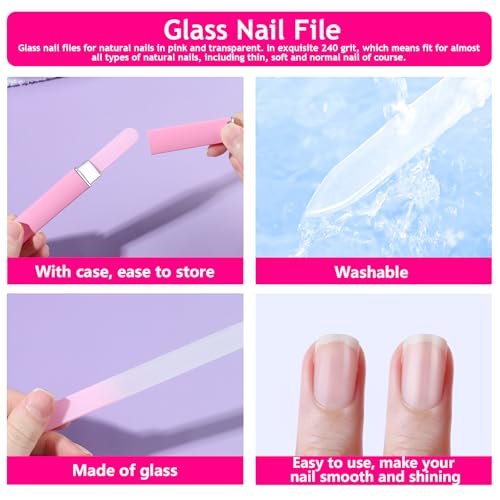FANDAMEI Manicure Kit for Women - Complete Nail Care Kit with Glass Nail File, 5pcs 180/240 Grit Nail Files, Cuticle Oil, Trimmer, Pusher, Manicure Set, Nail Prep Kit (Pink) Avelisse