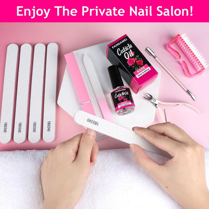 FANDAMEI Manicure Kit for Women - Complete Nail Care Kit with Glass Nail File, 5pcs 180/240 Grit Nail Files, Cuticle Oil, Trimmer, Pusher, Manicure Set, Nail Prep Kit (Pink) Avelisse